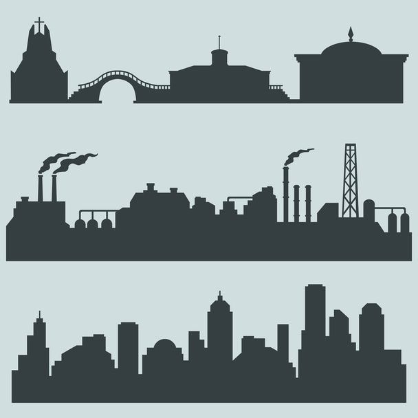 Vector set of city silhouettes - cultural, industrial and urban buildings - Διάνυσμα, εικόνα