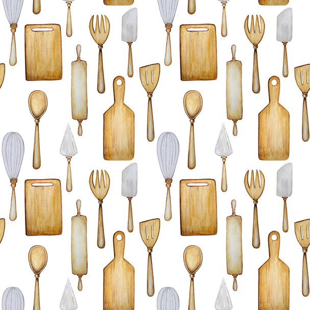 Hand drawn Wooden Kitchen tools seamless pattern. Accessories for baking watercolor fabric texture illustration. Cooking time poster, banner concept. Spoon, spatula, fork, rolling pin, knife, board - Photo, Image