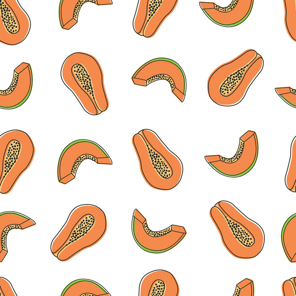 Diseño de patrón de rodajas de papaya sin costuras para textiles, impresión, diseño de superficies. Patrón de frutas tropicales con papayas cortadas
 - Vector, imagen