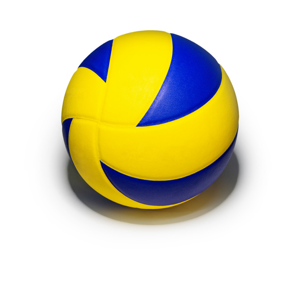 Closeup amarelo azul voleibol equipamentos esportivos com luz brilhando de cima, com sombra abaixo, isolado objeto de bola de vôlei de couro em um fundo branco quadrado
 - Foto, Imagem