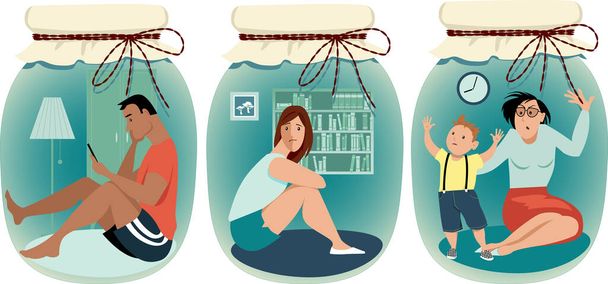 People practicing social distancing sitting home in a jars, EPS 8 vector illustration - Vector, Image