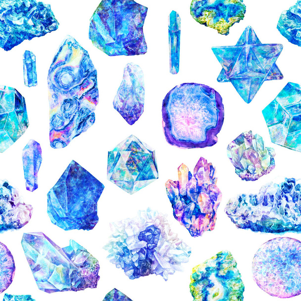 Akvarel vzor s minerály, krystaly, drahokamy, mořské kameny v modré, fialové, fialové barvy. Bezešvé mramorové opakování pozadí. Bright fashion trendy živé vícebarevné umělecké textury - Fotografie, Obrázek