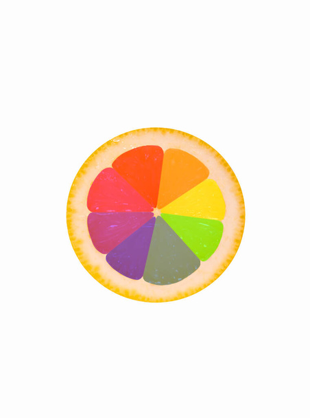A slice of lemon in a multi-color spectrum, a lemon painted in the colors of the itten circle - Fotó, kép