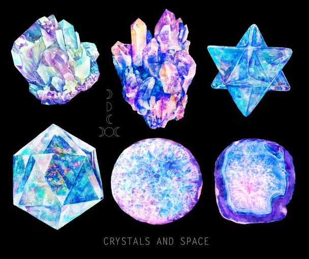 Watercolor minerals, crystals, gemstones marble set isolated on black background. Vivid colorful set. Bright design elements. Natural sea stones realistic texture. Hand drown detailed art illustrations. - Photo, Image