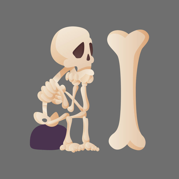 Funny cartoon skeleton posing sitting on a stone and looking at the bone. Vector bony character. Human bones illustration skeletal. Dead man on color background - Vector, Image