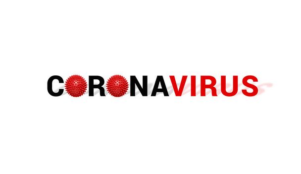 Επιγραφή CORONAVIRUS με αφηρημένο μοντέλο στελέχους κόκκινου ιού σε λευκό. Banner με λογότυπη λέξη με κόκκινες μπάλες - Φωτογραφία, εικόνα