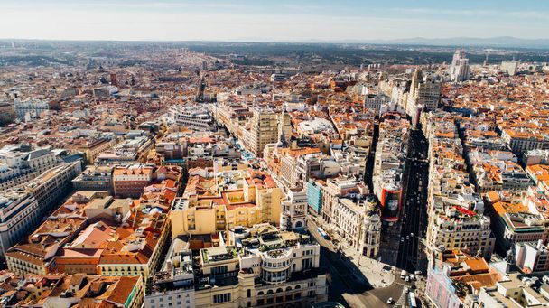 Aerial view of Calle de Alcala and Calle Gran Via.Panoramic aerial view of Gran Via, main shopping street in Madrid, capital of Spain, Europe.Tourist attraction and most famous street. - Fotoğraf, Görsel