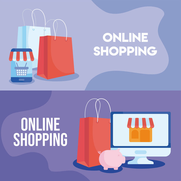 set of poster of online shopping with icons - Vector, Image
