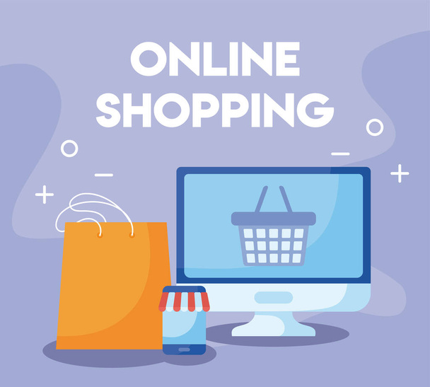Computerbildschirm mit Symbolen des Online-Shoppings - Vektor, Bild