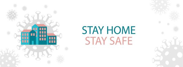 Μείνετε στο σπίτι banner, σύνθημα με σπίτι και coronavirus Coronavirus Bacteria Cell Icons. Εκστρατεία ή μέτρο προστασίας από τον κορωναϊό, - Διάνυσμα, εικόνα