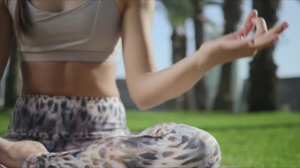 Frau in Lotus-Pose im Park. Fit mädchen vorführung gyan mudra draußen - Filmmaterial, Video