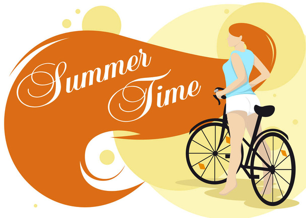The girl rides a bicycle in a blue T-shirt and white shorts, her hair is hand-written by summertime. Vector illustration. - Vetor, Imagem