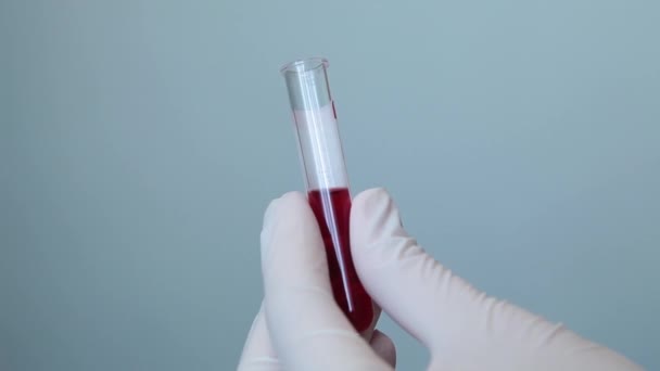 Mãos em luvas de laboratório descartáveis fecham um tubo de teste com sangue
 - Filmagem, Vídeo