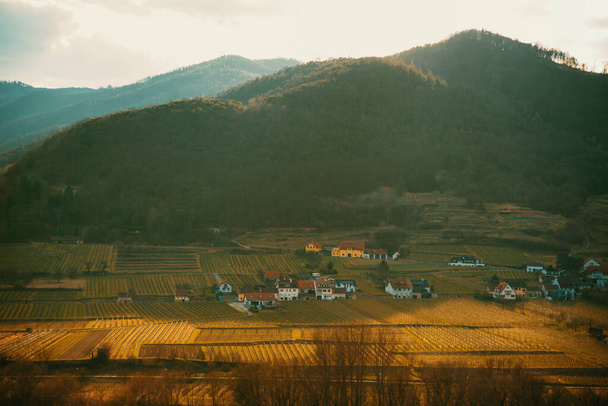 Kis falu egy mezőn terméssel közel egy sötét hegyi hegyek fürdött napfényben. - Fotó, kép