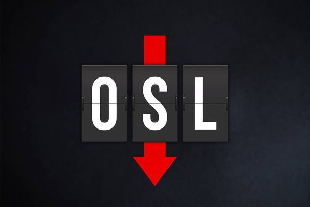 Oslo Gardermoen International Airport IATA-code (OSL). Split-flap luchthaven terminal alfabet en neer rode pijl op zwarte achtergrond. Luchtverkeer en luchtvaartindustrie vallen concept. - Foto, afbeelding