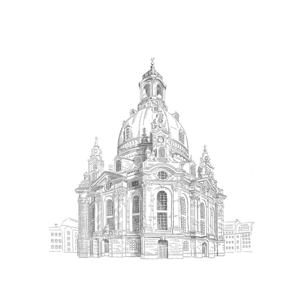 Frauenkirche, Church of our Lady in Dresden, Germany. Black and white drawing sketch. Illustration - Photo, Image