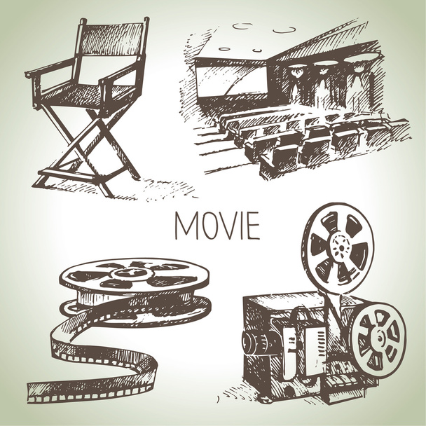 film és mozi szett. kézzel rajzolt vintage illusztrációk - Vektor, kép