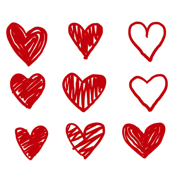 met de hand getekend Doodle harten, met de hand getekend liefde hart collectie. rode kleur vector - Vector, afbeelding