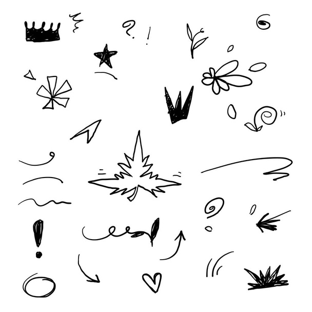 hand drawn Swishes, swoops, emphasis doodles. Highlight text elements, calligraphy swirl, tail, flower, heart, graffiti crown.doodle style - Vector, Image