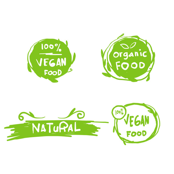 kokoelma vegaani, eko, bio, orgaaninen, tuore, terve, 100 prosenttia, luonnollinen ruoka. Luonnontuote. doodle tunnus kahvila, virkamerkit, tunnisteet, pakkaus. Vektoriesimerkki
. - Vektori, kuva