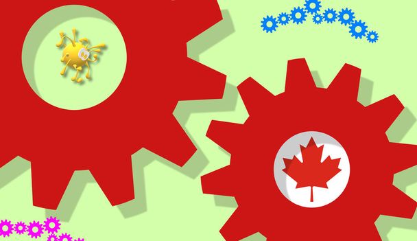 Nordamerika. Weltweite Coronavirus-Pandemie. Teamwork. 3d Illustration mit der Flagge im Inneren von Zahnrädern von Kanada und Darstellung der covid-19, Zeichnung des Virus.  - Foto, Bild