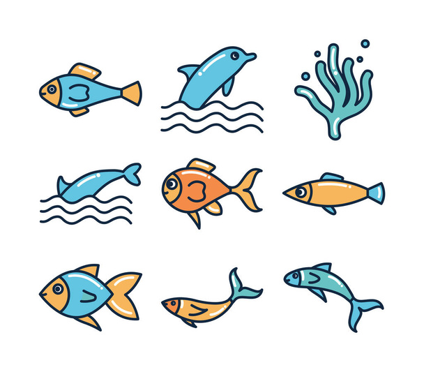 Isolated sea animals fill style icon set vector design - Vektör, Görsel