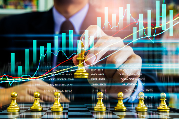 Chess game on chess board on stock market or forex trading graph chart for financial investment concept. Economy trends for digital business marketing strategy analysis. Abstract finance background. - Fotoğraf, Görsel