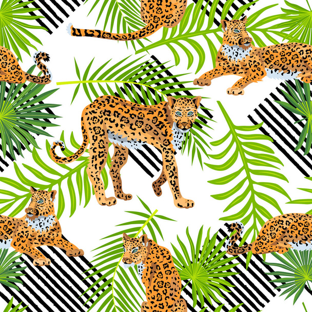 Seamless pattern with leopards, tropical palm leaves and hand drawn style stripes. Vector illustration. - Vetor, Imagem