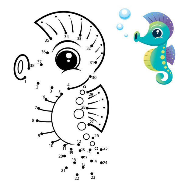 Education Numbers game. Dot to dot game. Seahorse cartoon - Vector, afbeelding