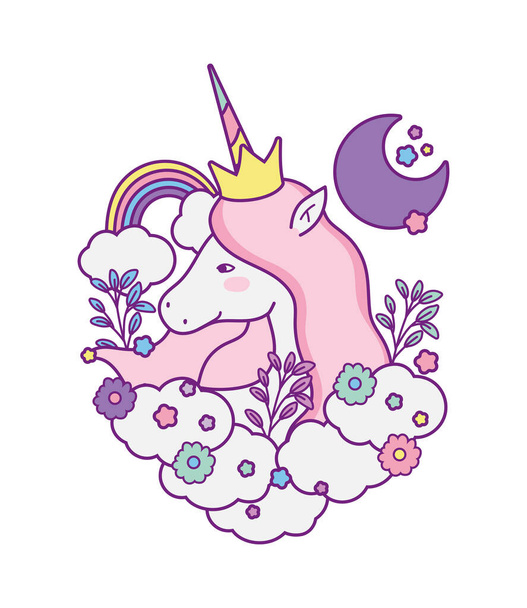 eenhoorn paard cartoon met bloemen en wolken vector ontwerp - Vector, afbeelding
