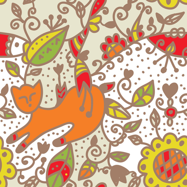 Floral seamless ethnic pattern with cat, fish - Vector, Image