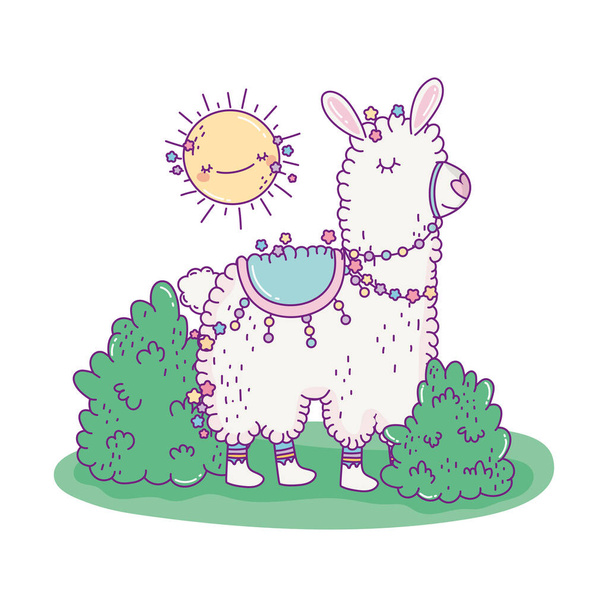 Cute llama cartoon with sun and shrubs vector design - Vektör, Görsel