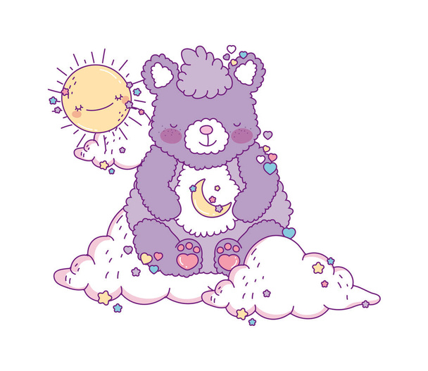 Cute bear cartoon with sun and clouds vector design - Вектор, зображення