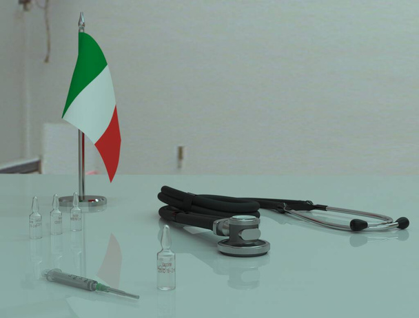 Jeringa, vacuna contra el coronovirus COVID 19 y fonendoscopio sobre una mesa médica en Italia
. - Foto, imagen