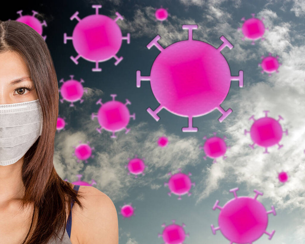 Half face of Chinese woman wearing surgical mask with coronavirus cells on dark sky background - Fotografie, Obrázek