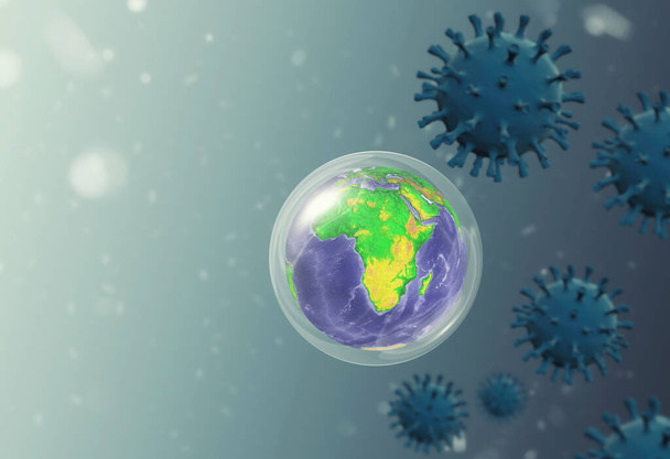 Erde in eine Blase, die vor dem Virus schützt. Pandemie auf dem Planeten Erde Konzept. Globale Katastrophe, gefährlicher Virus. Mikroskopische Ansicht von Viruszellen. Dies ist eine 3D-Darstellung .  - Foto, Bild