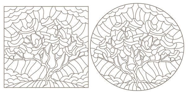 Définir des illustrations de contour de vitrail avec les images des arbres, contours sombres sur un fond blanc - Vecteur, image