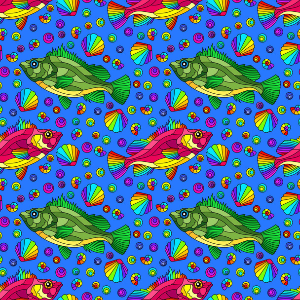 Безшовний візерунок на морській тематиці з яскравими веселковими рибами та мушлями, яскравою рибою на синьому фоні
 - Вектор, зображення