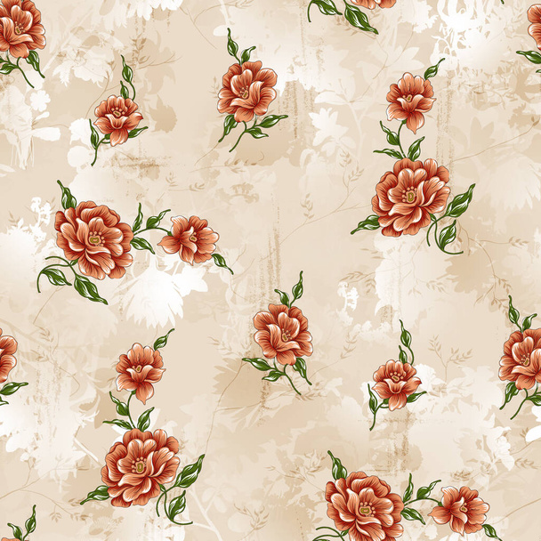 floral rose flower pattern with abstract geometric cream background - Photo, Image