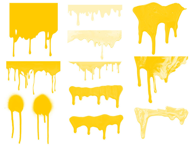 Set of yellow paint stains brushes. Abstract yellow paint stains isolated on white background - Photo, Image