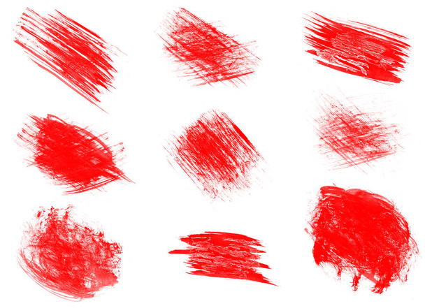 Όμορφη σειρά από κόκκινες βούρτσες λεκέδων υδατογραφίας που απομονώνονται σε λευκό φόντο - Φωτογραφία, εικόνα