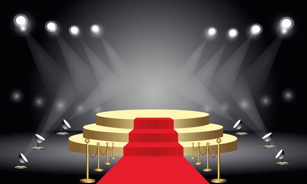 Golden round podium. Pedestal with red carpet for the award ceremony. The platform is illuminated by spotlights. Vector illustration - Vector, Image