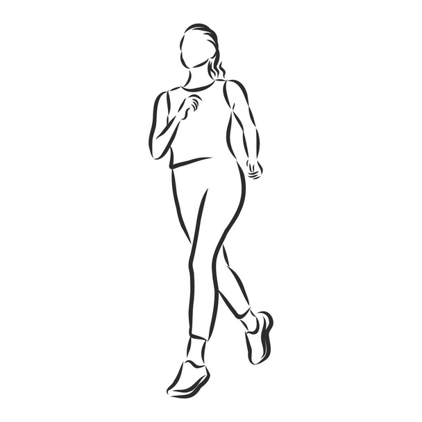 sylwetka biegaczki, zarysowany szkic wektorowy, koncepcja fitness - Wektor, obraz