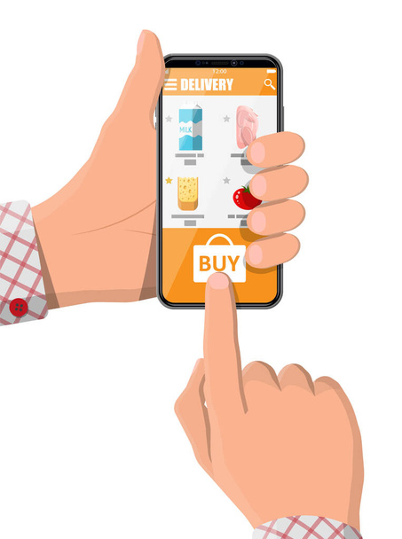 Hand holding smartphone with food shopping app - Вектор,изображение