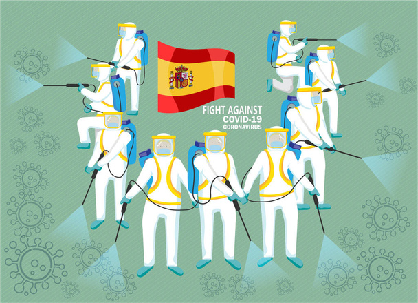 プロテクション・スーツの人々はコヴィッド-19スプレー・クリーニングと戦い、スペインの旗を取り囲みます。テキストも。コヴィト19世との戦い。コンセプトはスペインの共同。コヴィト19世との戦い   - ベクター画像