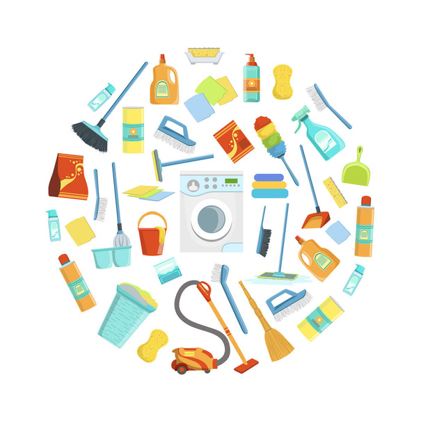 Modèle de fournitures de service de nettoyage de forme ronde, illustration vectorielle d'équipement d'entretien ménager
 - Vecteur, image
