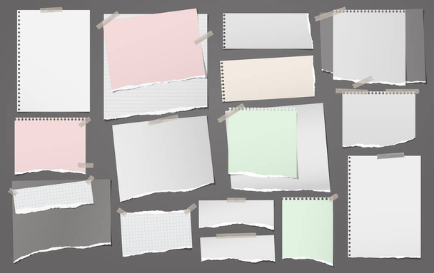 Rasgado de tiras de papel branco e notebook, peças presas com fita adesiva no fundo preto. Ilustração vetorial
 - Vetor, Imagem