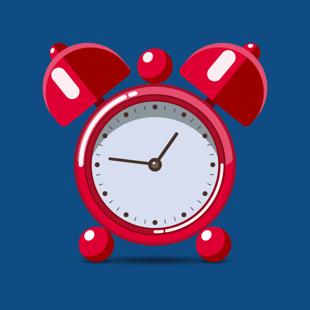 Red table alarm clock with shadow isolated on trend blue background. Flat design style. Vector illustration.  - Vetor, Imagem