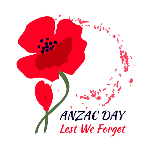 A bright red poppy flower. International Day of Remembrance concept. Anzac day symbol. Lest we forget text. Isolated on white background. Vector illustration. - Wektor, obraz