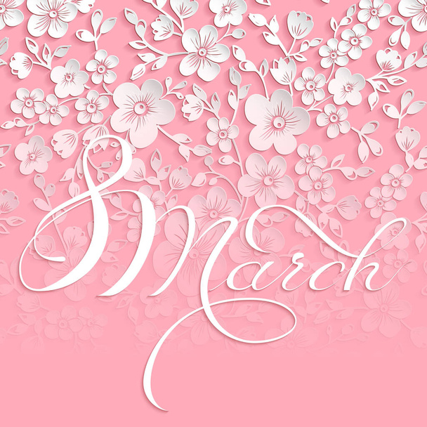 Elegant greeting card. 8 March International Women's Day. Vector card with beautiful sakura flower element and elegant typography. Cherry blossom background - Wektor, obraz